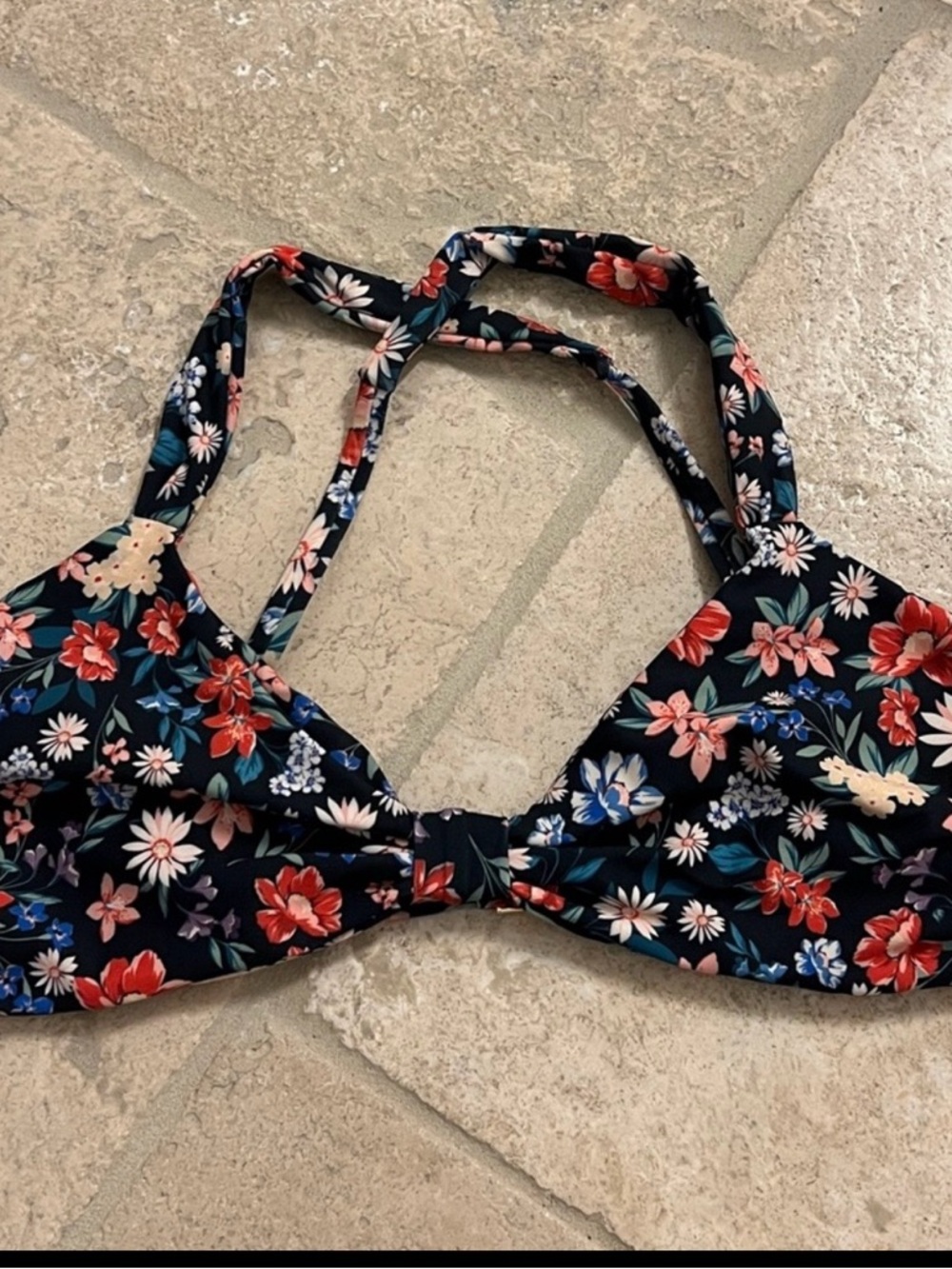 Skatie Black Floral Bikini Top with Red & White Flowers size L